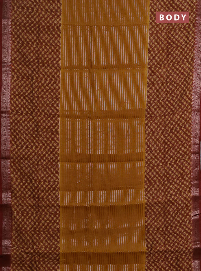 Chanderi silk cotton saree dark mustard and brown with allover thread & zari weaves and long printed banarasi style border