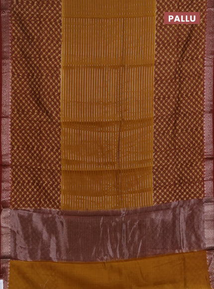 Chanderi silk cotton saree dark mustard and brown with allover thread & zari weaves and long printed banarasi style border