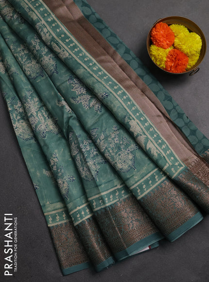 Chanderi silk cotton saree pastel green with allover butta block prints and banarasi style border