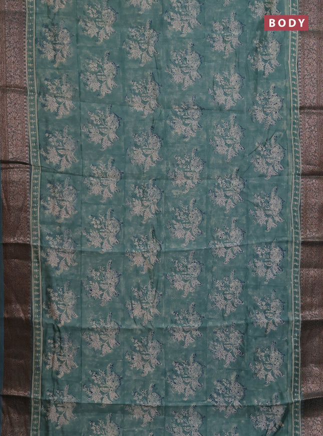 Chanderi silk cotton saree pastel green with allover butta block prints and banarasi style border