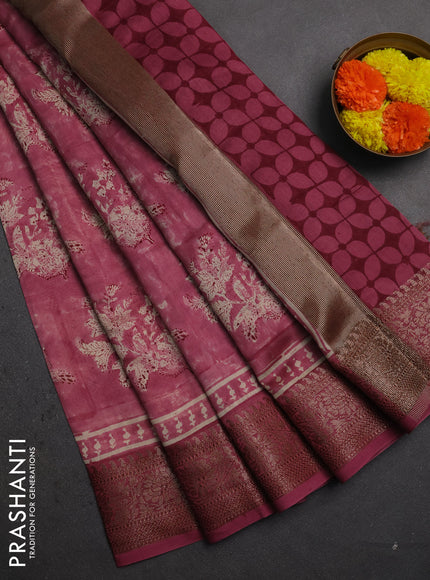 Chanderi silk cotton saree mauve pink with allover butta block prints and banarasi style border