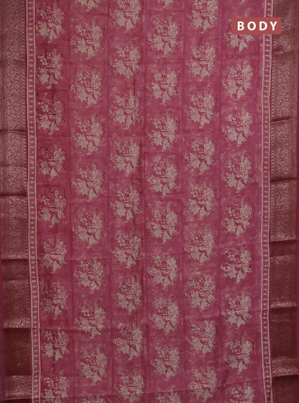 Chanderi silk cotton saree mauve pink with allover butta block prints and banarasi style border