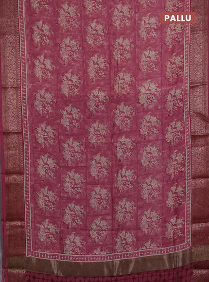 Chanderi silk cotton saree mauve pink with allover butta block prints and banarasi style border