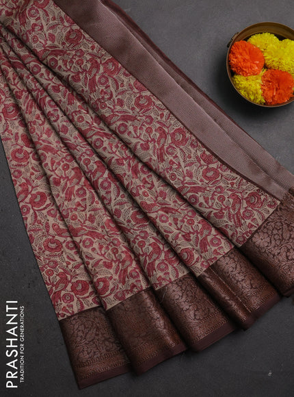 Chanderi silk cotton saree beige pink and brown with allover kalamkari prints and banarasi style border