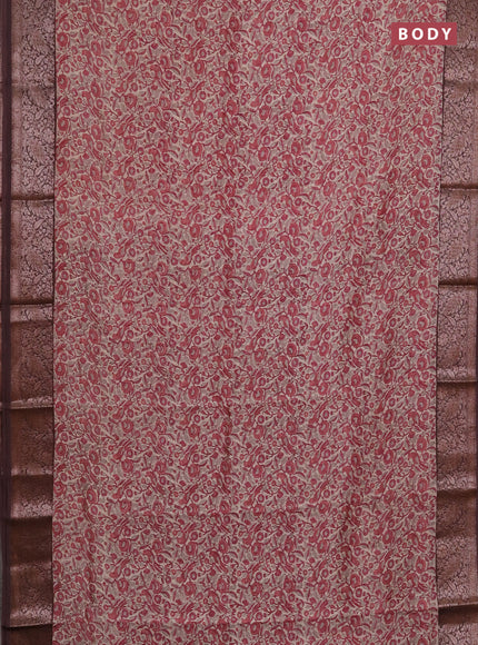 Chanderi silk cotton saree beige pink and brown with allover kalamkari prints and banarasi style border