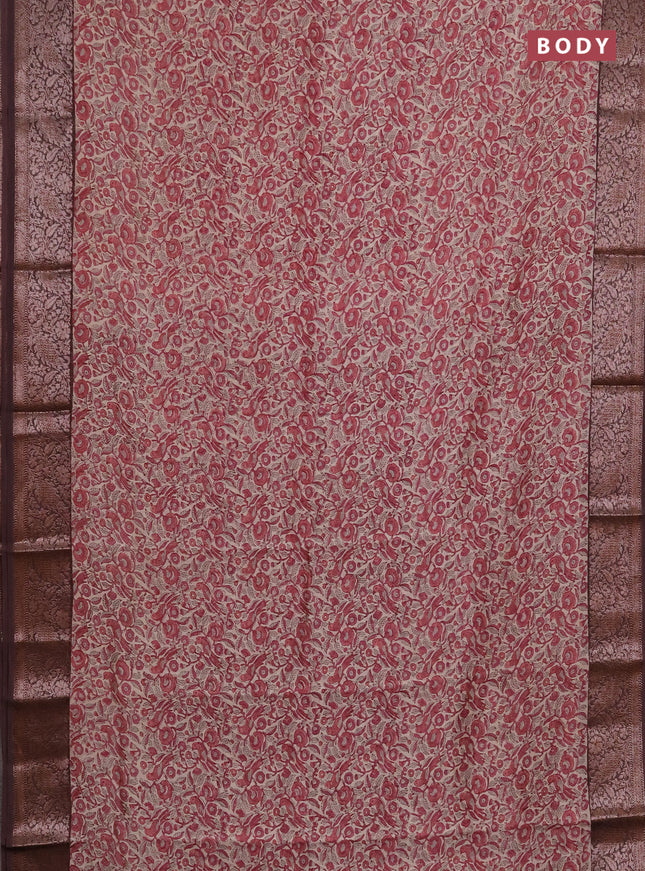 Chanderi silk cotton saree beige pink and brown with allover kalamkari prints and banarasi style border