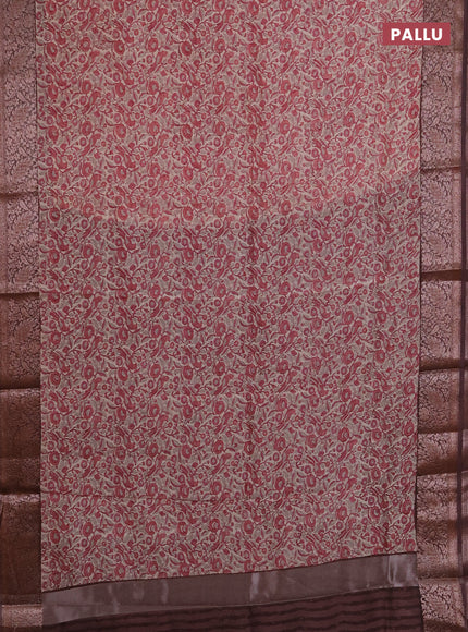 Chanderi silk cotton saree beige pink and brown with allover kalamkari prints and banarasi style border