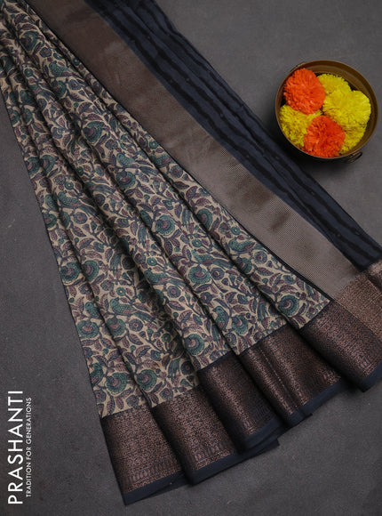 Chanderi silk cotton saree beige and grey with allover kalamkari prints and banarasi style border