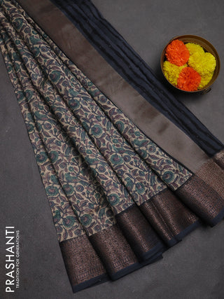 Chanderi silk cotton saree beige and grey with allover kalamkari prints and banarasi style border