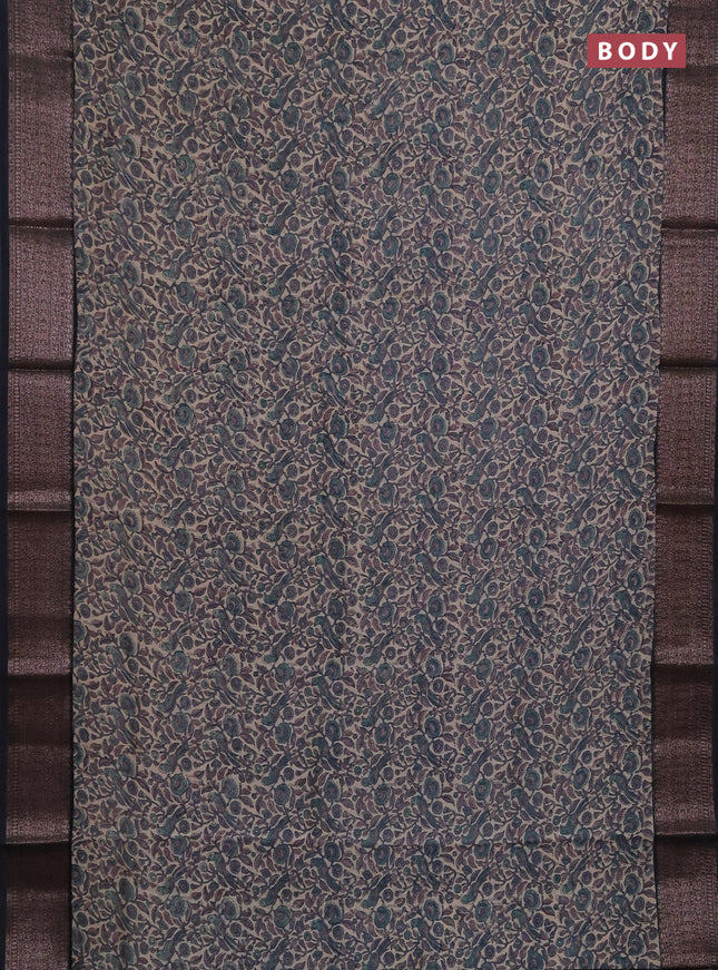 Chanderi silk cotton saree beige and grey with allover kalamkari prints and banarasi style border