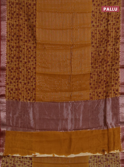 Chanderi silk cotton saree dark mustard and rust shade with allover thread & zari weaves and long printed banarasi style border