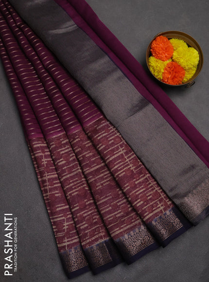 Chanderi silk cotton saree wine shade and navy blue with allover thread & zari weaves and long printed banarasi style border