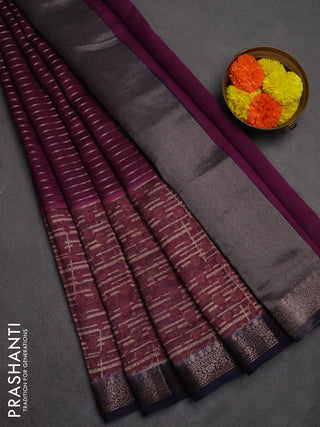Chanderi silk cotton saree wine shade and navy blue with allover thread & zari weaves and long printed banarasi style border