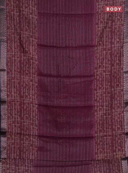 Chanderi silk cotton saree wine shade and navy blue with allover thread & zari weaves and long printed banarasi style border