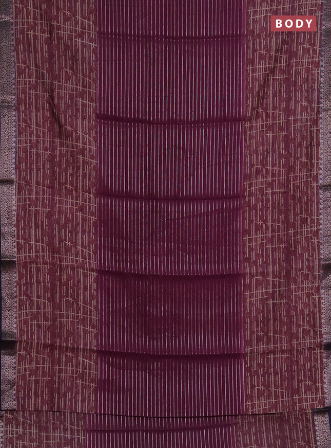 Chanderi silk cotton saree wine shade and navy blue with allover thread & zari weaves and long printed banarasi style border