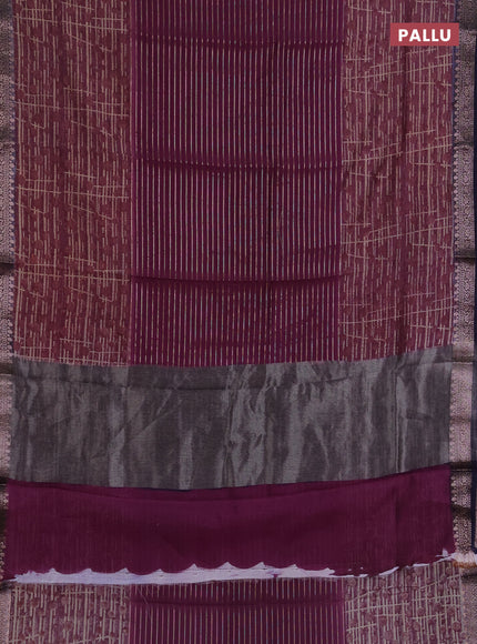 Chanderi silk cotton saree wine shade and navy blue with allover thread & zari weaves and long printed banarasi style border
