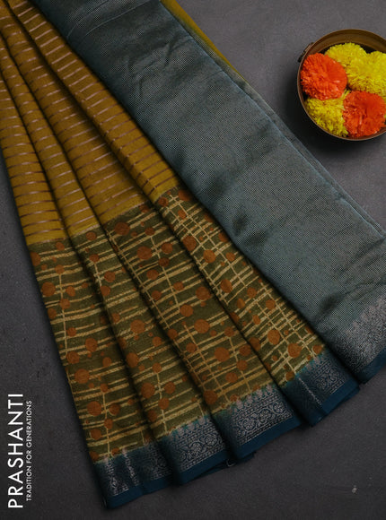 Chanderi silk cotton saree mustard green and peacock green with allover thread & zari weaves and long printed banarasi style border
