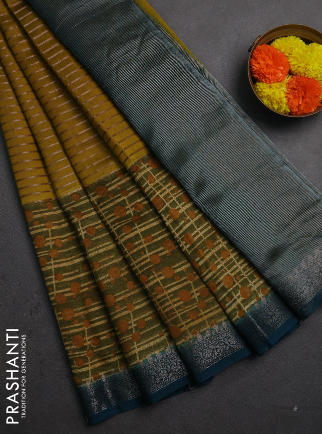 Chanderi silk cotton saree mustard green and peacock green with allover thread & zari weaves and long printed banarasi style border