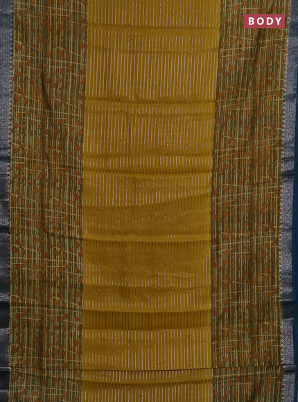 Chanderi silk cotton saree mustard green and peacock green with allover thread & zari weaves and long printed banarasi style border