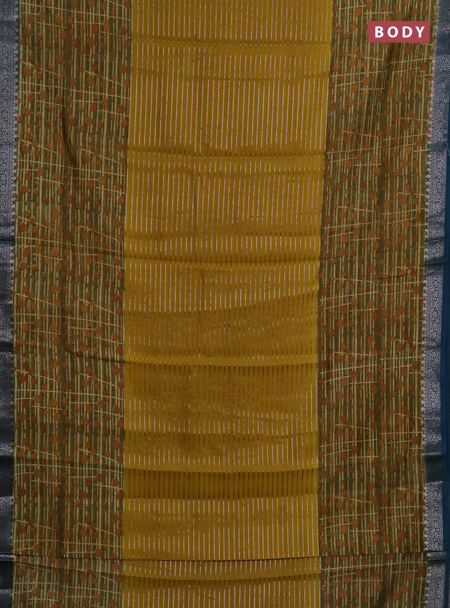 Chanderi silk cotton saree mustard green and peacock green with allover thread & zari weaves and long printed banarasi style border