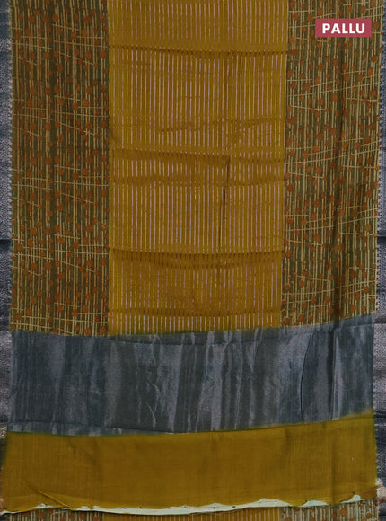 Chanderi silk cotton saree mustard green and peacock green with allover thread & zari weaves and long printed banarasi style border