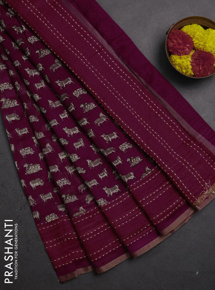 Chanderi silk cotton saree magenta pink and orange with allover pichwai prints and kantha stitch work border