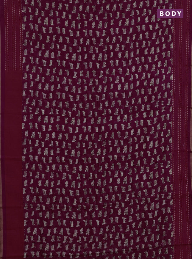 Chanderi silk cotton saree magenta pink and orange with allover pichwai prints and kantha stitch work border