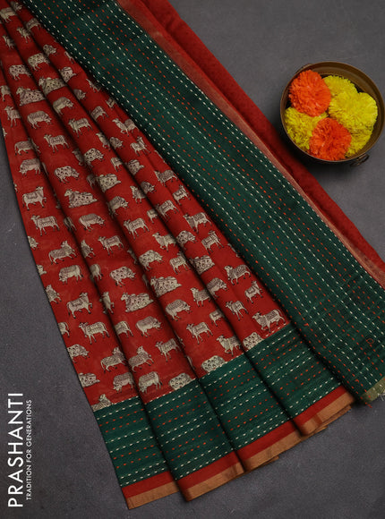 Chanderi silk cotton saree maroon and green with allover pichwai prints and kantha stitch work border