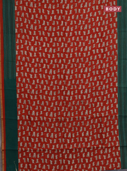 Chanderi silk cotton saree maroon and green with allover pichwai prints and kantha stitch work border