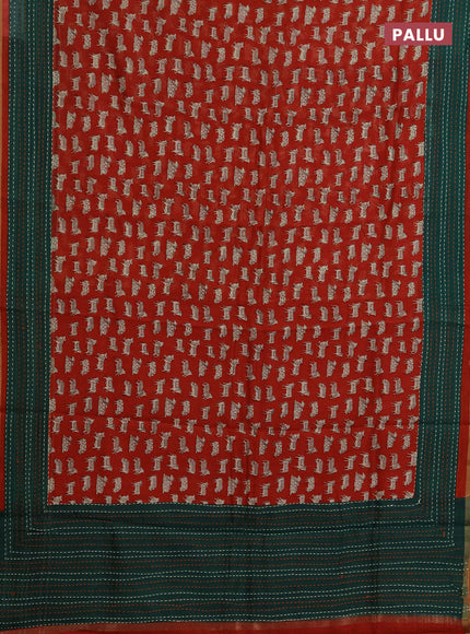 Chanderi silk cotton saree maroon and green with allover pichwai prints and kantha stitch work border