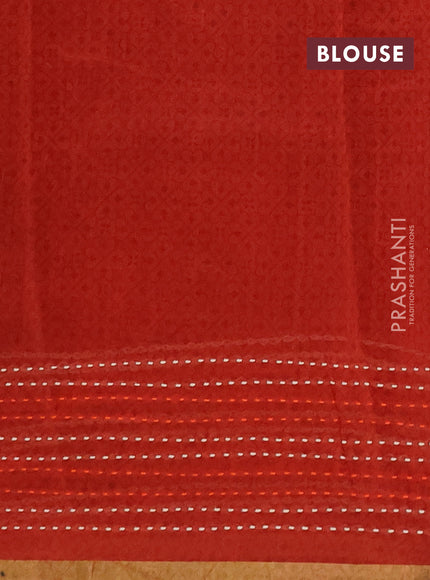 Chanderi silk cotton saree maroon and green with allover pichwai prints and kantha stitch work border