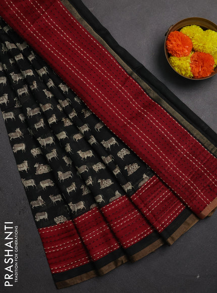 Chanderi silk cotton saree black and maroon with allover pichwai prints and kantha stitch work border