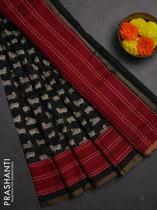 Chanderi silk cotton saree black and maroon with allover pichwai prints and kantha stitch work border