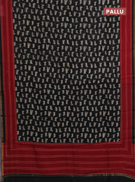 Chanderi silk cotton saree black and maroon with allover pichwai prints and kantha stitch work border