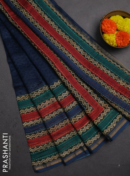 Chanderi silk cotton saree peacock blue with plain body and long kantha stitch work border