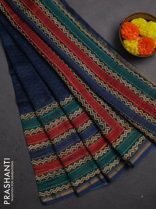 Chanderi silk cotton saree peacock blue with plain body and long kantha stitch work border