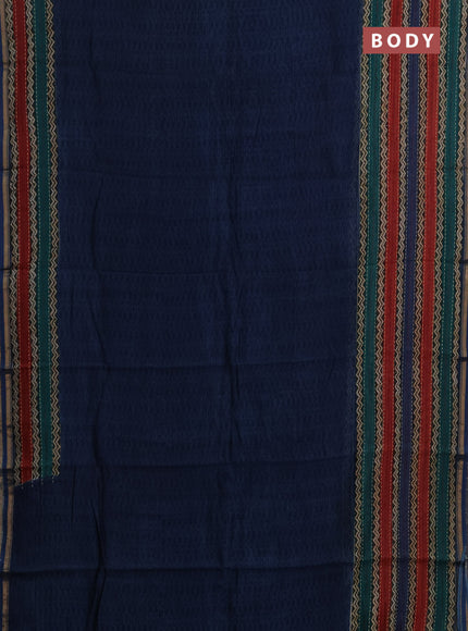 Chanderi silk cotton saree peacock blue with plain body and long kantha stitch work border
