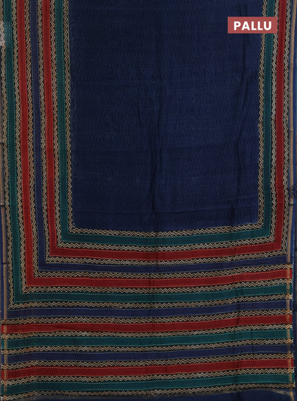 Chanderi silk cotton saree peacock blue with plain body and long kantha stitch work border