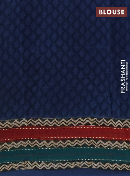 Chanderi silk cotton saree peacock blue with plain body and long kantha stitch work border