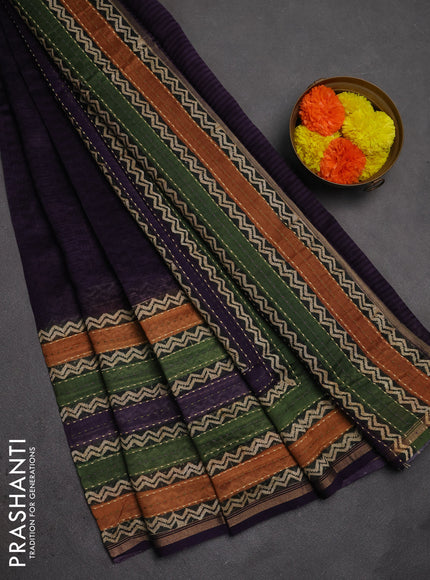 Chanderi silk cotton saree deep violet with plain body and long kantha stitch work border