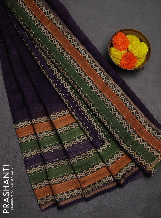 Chanderi silk cotton saree deep violet with plain body and long kantha stitch work border