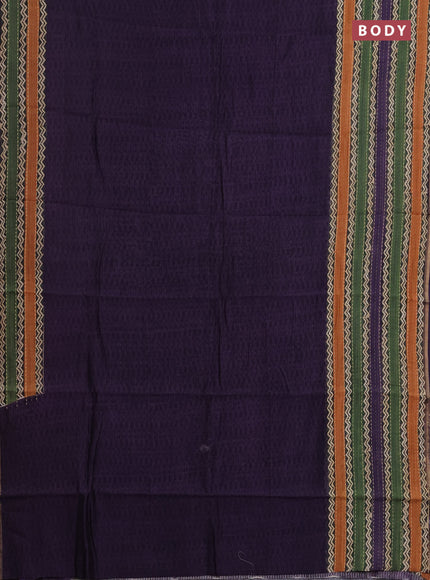 Chanderi silk cotton saree deep violet with plain body and long kantha stitch work border