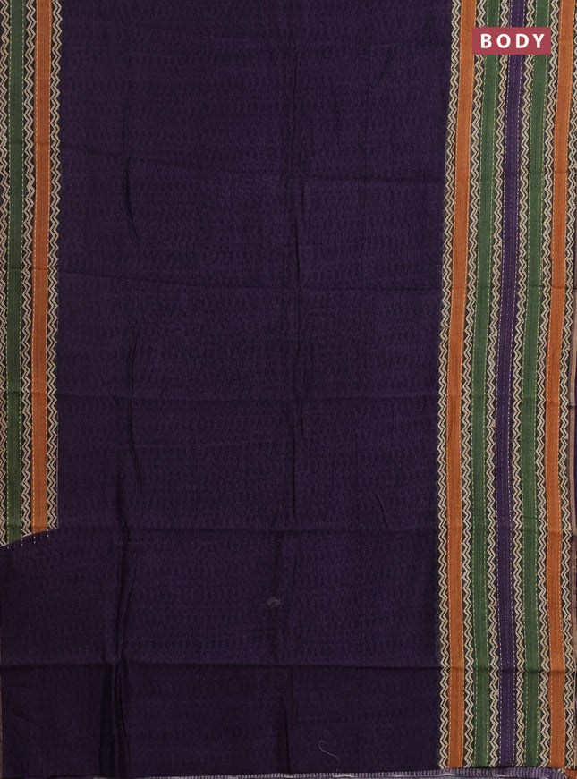 Chanderi silk cotton saree deep violet with plain body and long kantha stitch work border