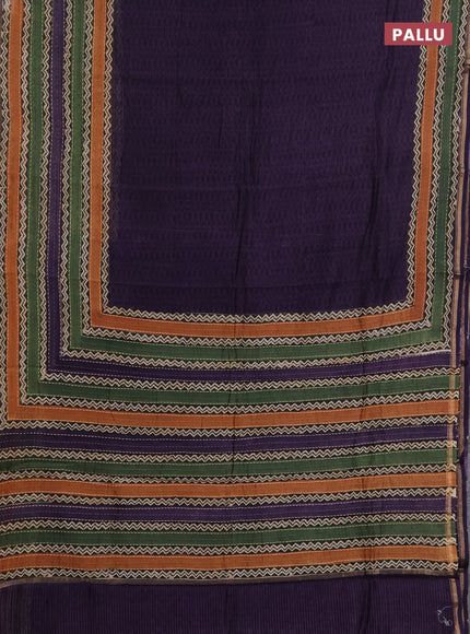 Chanderi silk cotton saree deep violet with plain body and long kantha stitch work border