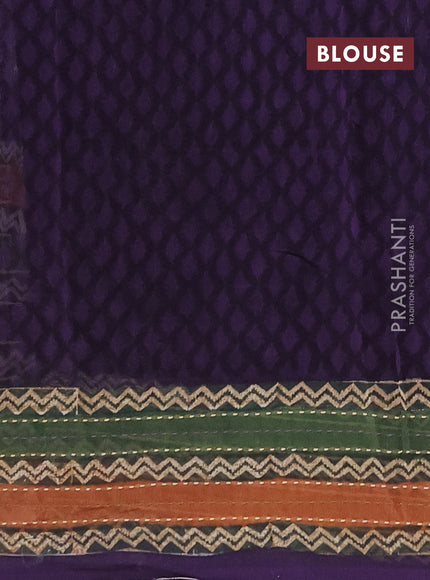 Chanderi silk cotton saree deep violet with plain body and long kantha stitch work border