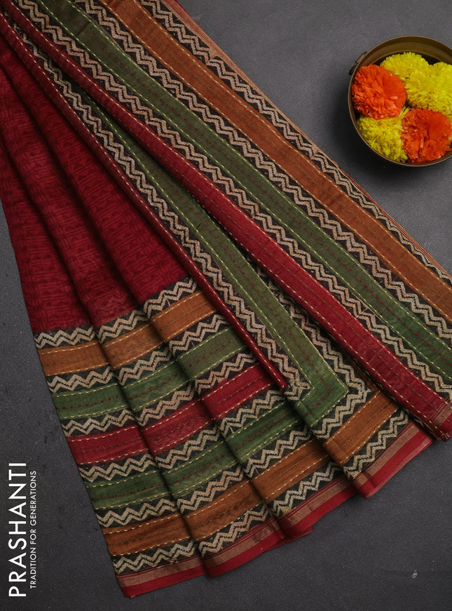 Chanderi silk cotton saree maroon with plain body and long kantha stitch work border