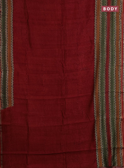 Chanderi silk cotton saree maroon with plain body and long kantha stitch work border