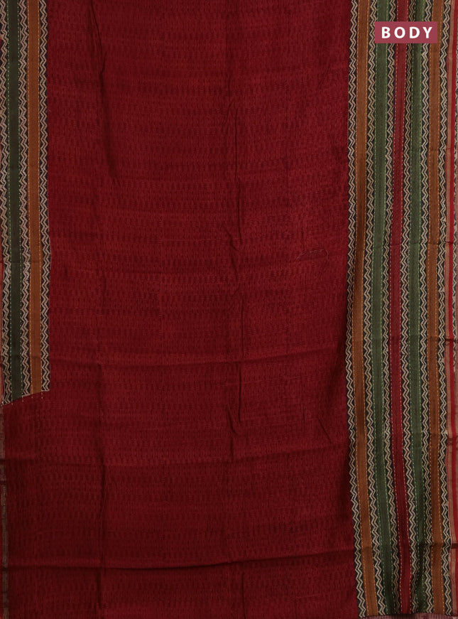 Chanderi silk cotton saree maroon with plain body and long kantha stitch work border