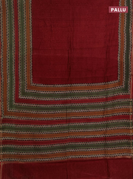 Chanderi silk cotton saree maroon with plain body and long kantha stitch work border