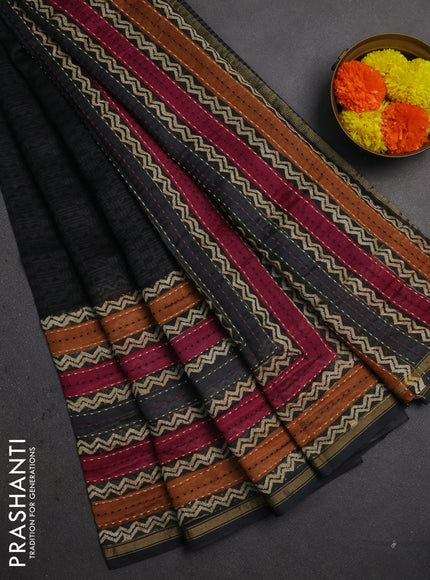 Chanderi silk cotton saree dark grey with plain body and long kantha stitch work border